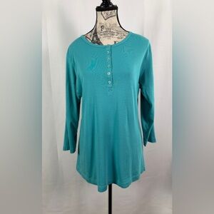 Duluth Trading Co Teal Cotton Button Front Down Women's Top Size M